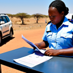 **

*Prompt:* Botswana/Namibia border crossing.  Immigration officer checking passport, traveler filling out forms.  Border post in background, possibly with vehicles waiting.  Focus on the official process and documentation.

**