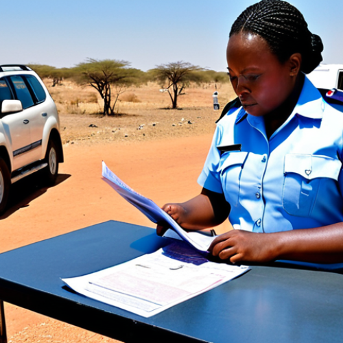 Home 11 **
*Prompt:* Botswana/Namibia border crossing. Immigration officer checking passport, traveler filling out forms. Border post in background, possibly with vehicles waiting. Focus on the official process and documentation.
**