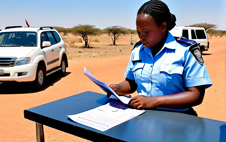 **

*Prompt:* Botswana/Namibia border crossing.  Immigration officer checking passport, traveler filling out forms.  Border post in background, possibly with vehicles waiting.  Focus on the official process and documentation.

**