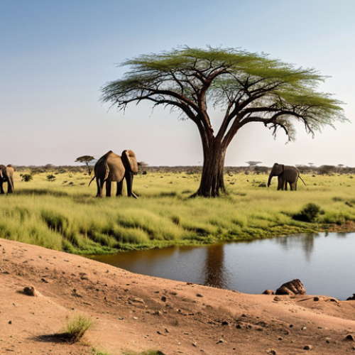 Home 6 **
A panoramic view of the Savuti landscape. Focus on the contrast between the lush green grasslands and the arid, dry areas. Include the mysterious Savuti River winding through the landscape, with some ancient rocky outcrops and acacia trees dotting the scene. Maybe include a silhouette of a wildlife animal like an elephant or giraffe in the distance.
**