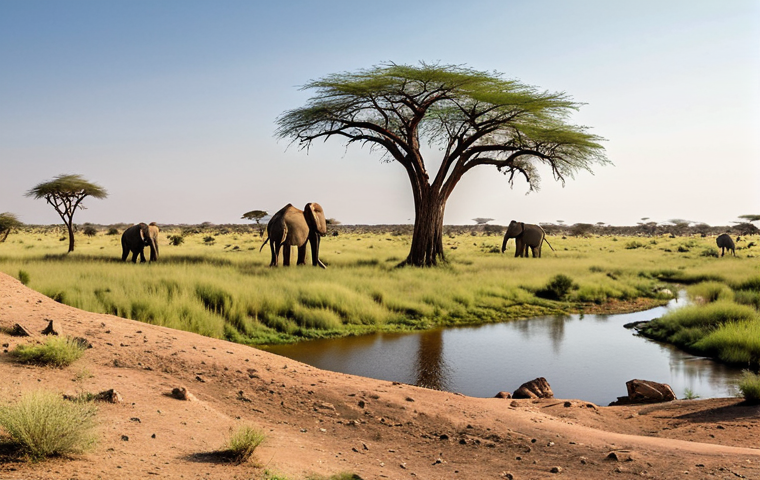 **

A panoramic view of the Savuti landscape. Focus on the contrast between the lush green grasslands and the arid, dry areas. Include the mysterious Savuti River winding through the landscape, with some ancient rocky outcrops and acacia trees dotting the scene. Maybe include a silhouette of a wildlife animal like an elephant or giraffe in the distance.

**