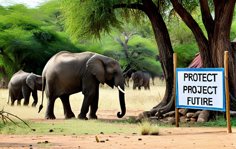 Community & Wildlife Coexistence**

"A vibrant village scene in Botswana, featuring traditional homes and lush vegetation. In the background, a family-friendly image of elephants peacefully grazing. A sign reads: 'Protect Our Elephants, Protect Our Future.' Fully clothed villagers are shown participating in a conservation education program led by a local leader. The overall tone is hopeful and cooperative. safe for work, appropriate content, professional, modest, perfect anatomy, natural proportions, family-friendly."

**